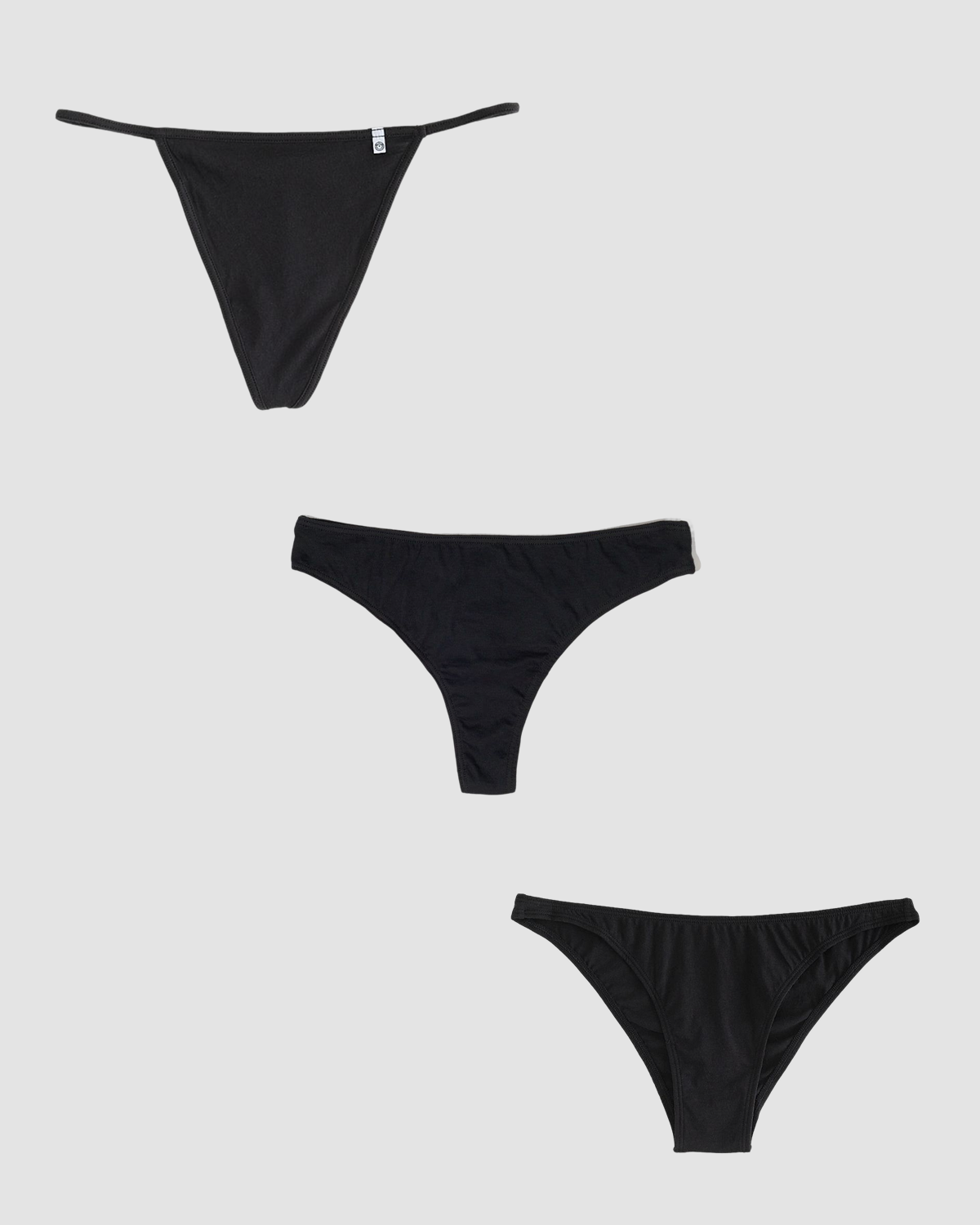 cheeky three pack in midnight: t-string, tanga, and thong